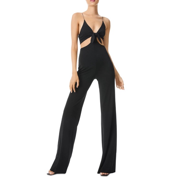 Alice + Olivia Havana Tie Front Cut-Out Wide Leg Jumpsuit One Piece Size 4 Black - Picture 1 of 14